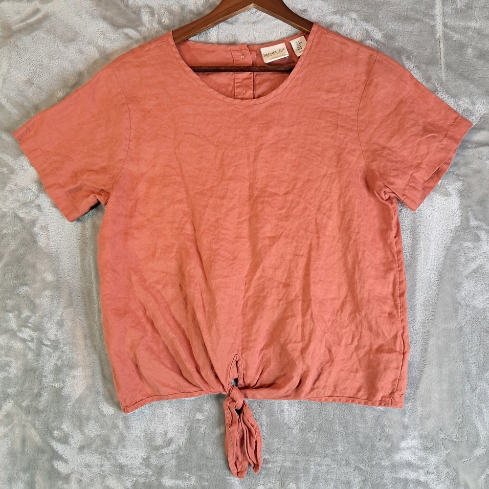 Rachel Zoe Top M Terracotta Coral Rose 100% Linen Front Tie Short Sleeve Blouse